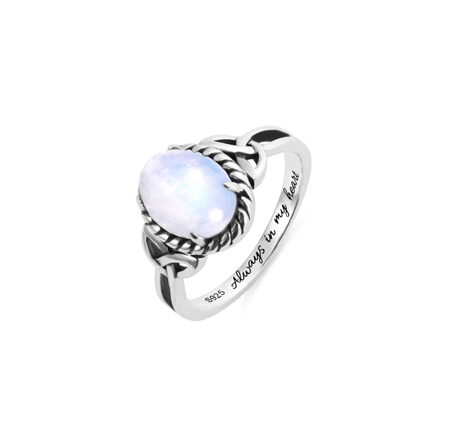 Personalized Sterling Silver Celtic Knot Ring - Oval Rainbow Moonstone Engagement Promise Ring for Women - Unique Aurora Wedding Band - Belbren