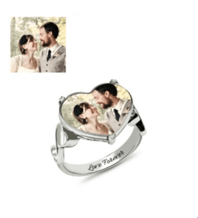 Personalized sterling silver heart-shaped memorial photo ring with "Love Forever" engraving, featuring a custom picture of a smiling couple.