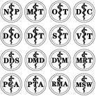 Sixteen round medical symbols, each with different abbreviations: NP, MT, OT, DC, DO, DT, ST, VT, DDS, DMD, DVM, MRT, PCA, PTA, RMA, MSW.