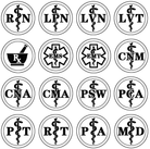 Sixteen round medical symbols with different abbreviations: RN, LPN, LVN, LVT, Rx, EMS, EMT, CNM, CNA, CMA, PSW, PCA, PT, RT, PA, MD.