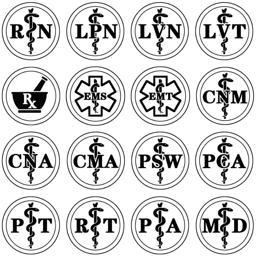 Sixteen round medical symbols with different abbreviations: RN, LPN, LVN, LVT, Rx, EMS, EMT, CNM, CNA, CMA, PSW, PCA, PT, RT, PA, MD.