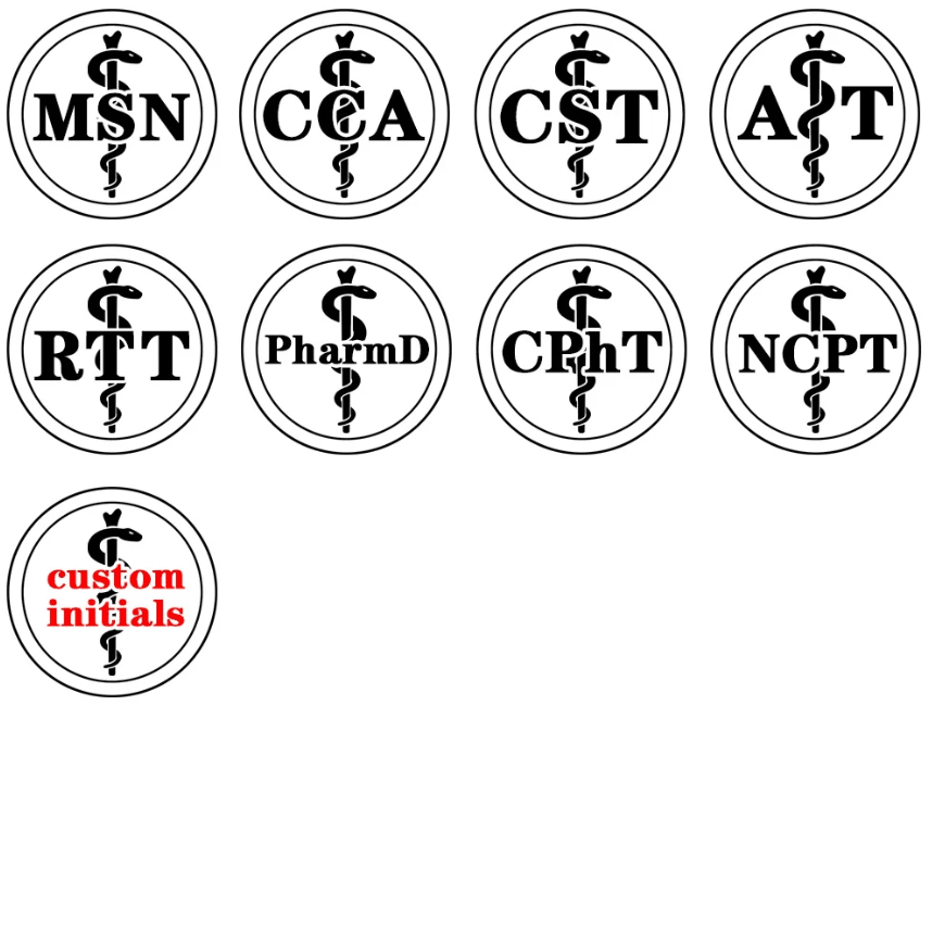 Nine round medical symbols with different abbreviations: MSN, CCA, CST, ATT, RTT, PharmD, CPhT, NCPT, and a customizable symbol labeled "custom initials" in red.