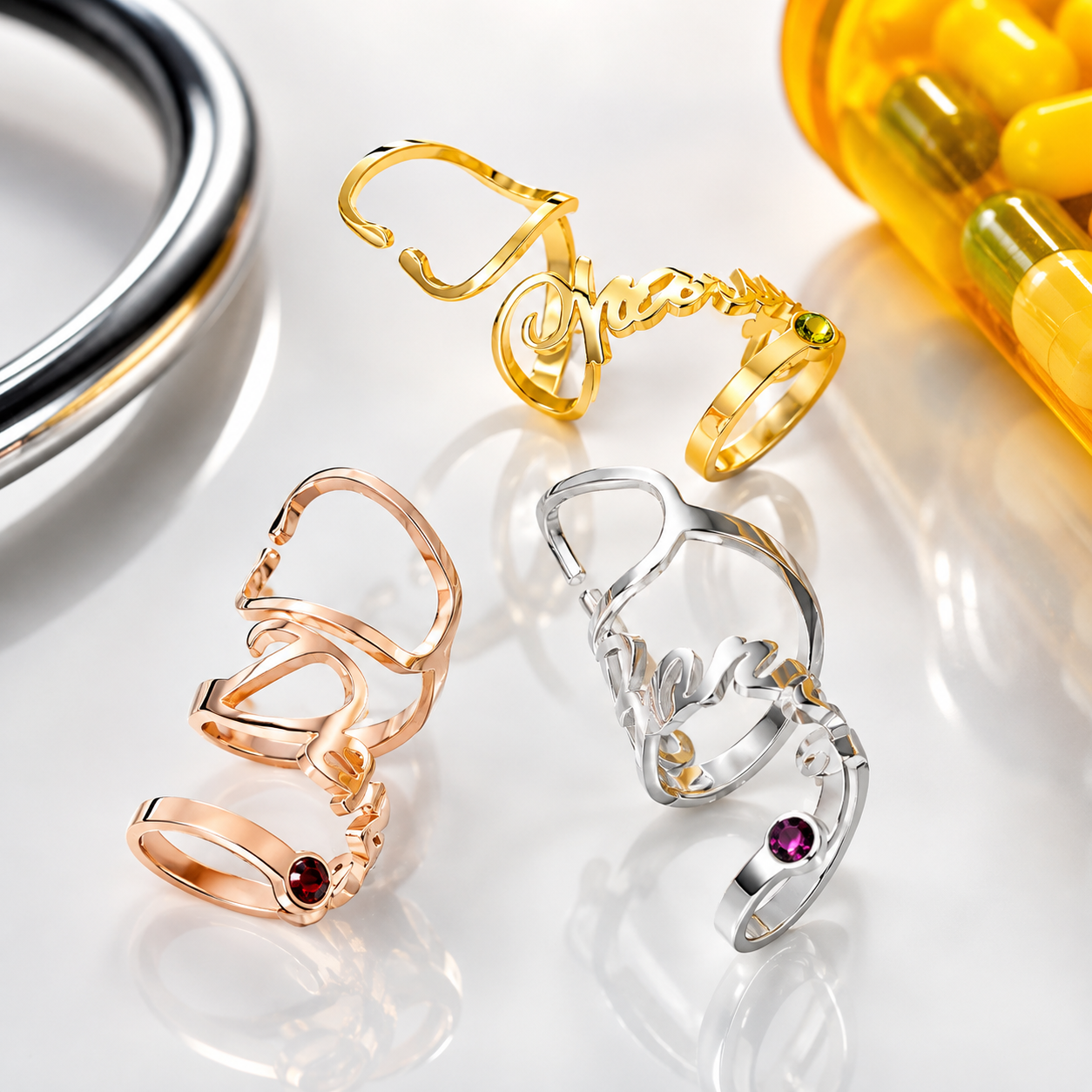 Personalized birthstone stethoscope name tags in gold, rose gold and platinum finishes