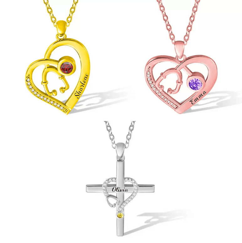 Personalized heart-shaped stethoscope Three personalized heart-shaped necklaces with stethoscope designs, each featuring a birthstone and engraved names: 'Shardan' in gold, 'Emma' in rose gold, and 'Olivia' in silver with cross.necklaces in gold, rose, and silver.