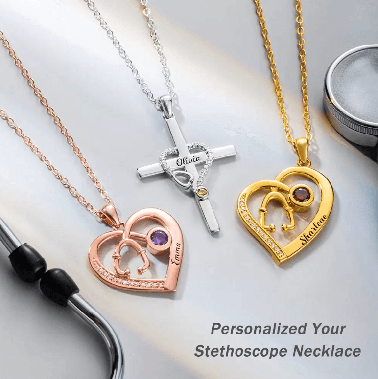 Customizable stethoscope necklaces in silver, rose, and gold with names and birth stones