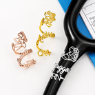 Personalized stethoscope name tag finish options in rose gold, gold and platinum