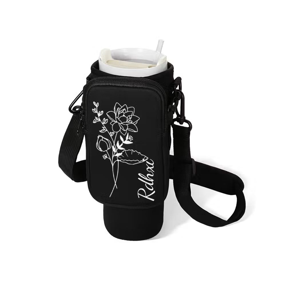 Black personalized tumbler carrier with birth flower phone pouch and shoulder strap