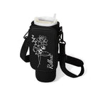 Black personalized tumbler carrier with birth flower phone pouch and shoulder strap