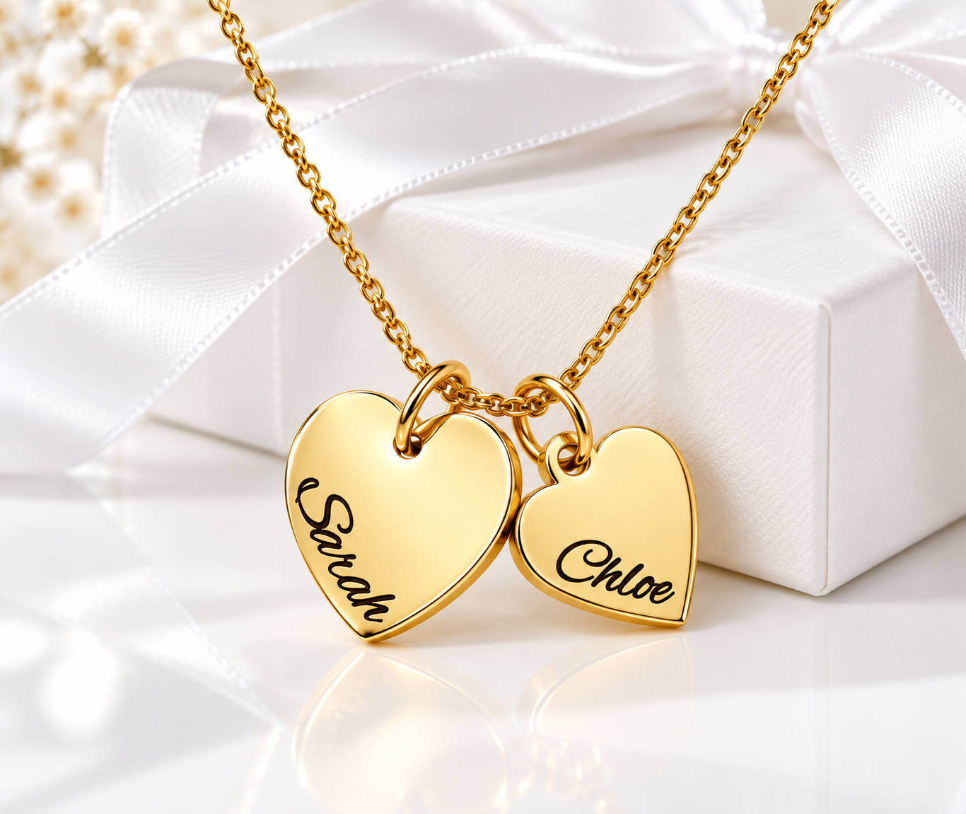 Personalized gold two name heart necklace with engraved hearts