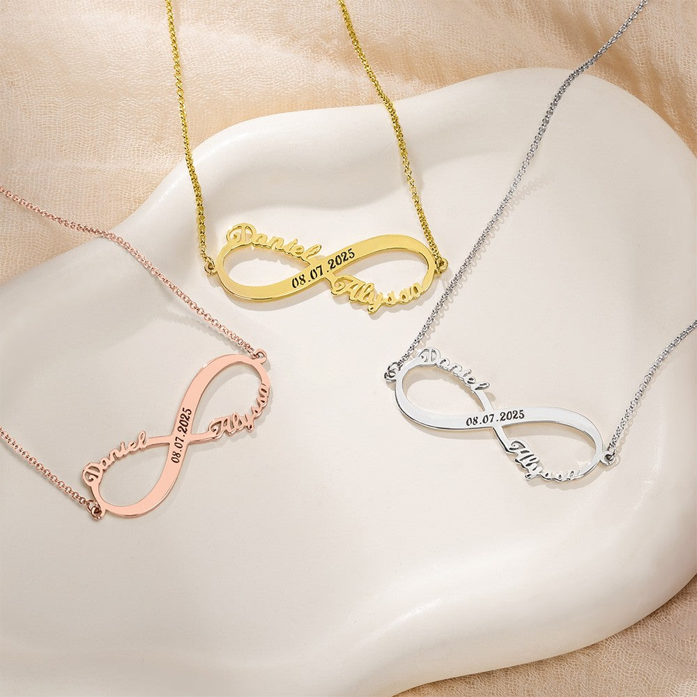 Infinity name necklace in gold rose gold and silver finishes