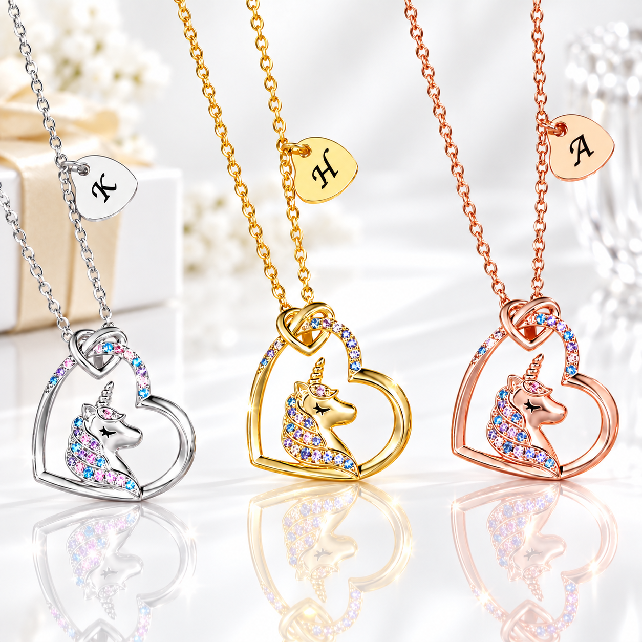 Personalized unicorn heart necklaces in silver, gold, and rose gold with colorful crystal details and initial heart charms on a glossy white background.