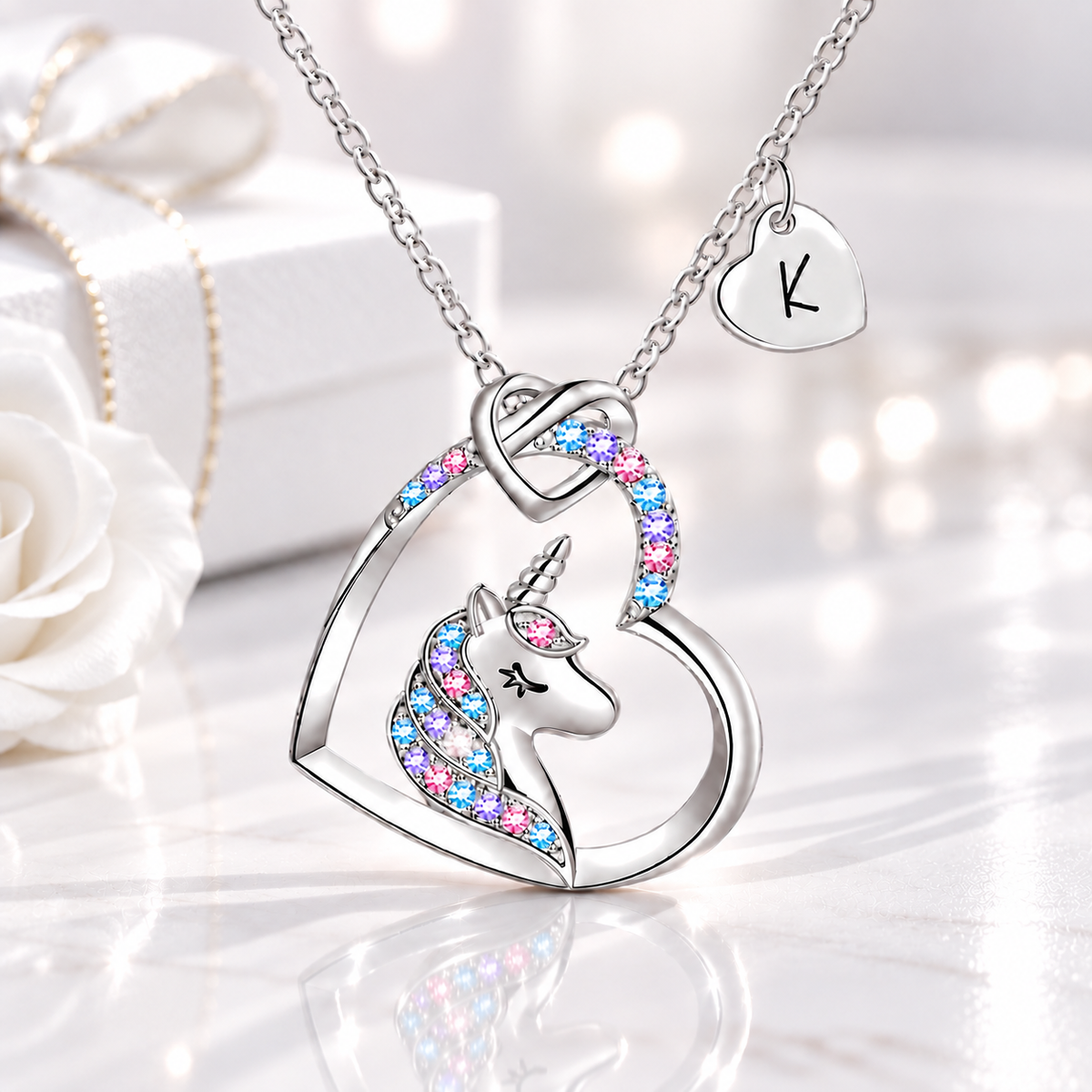 Unicorn initial charm necklace for girls with silver double-heart pendant and personalized letter