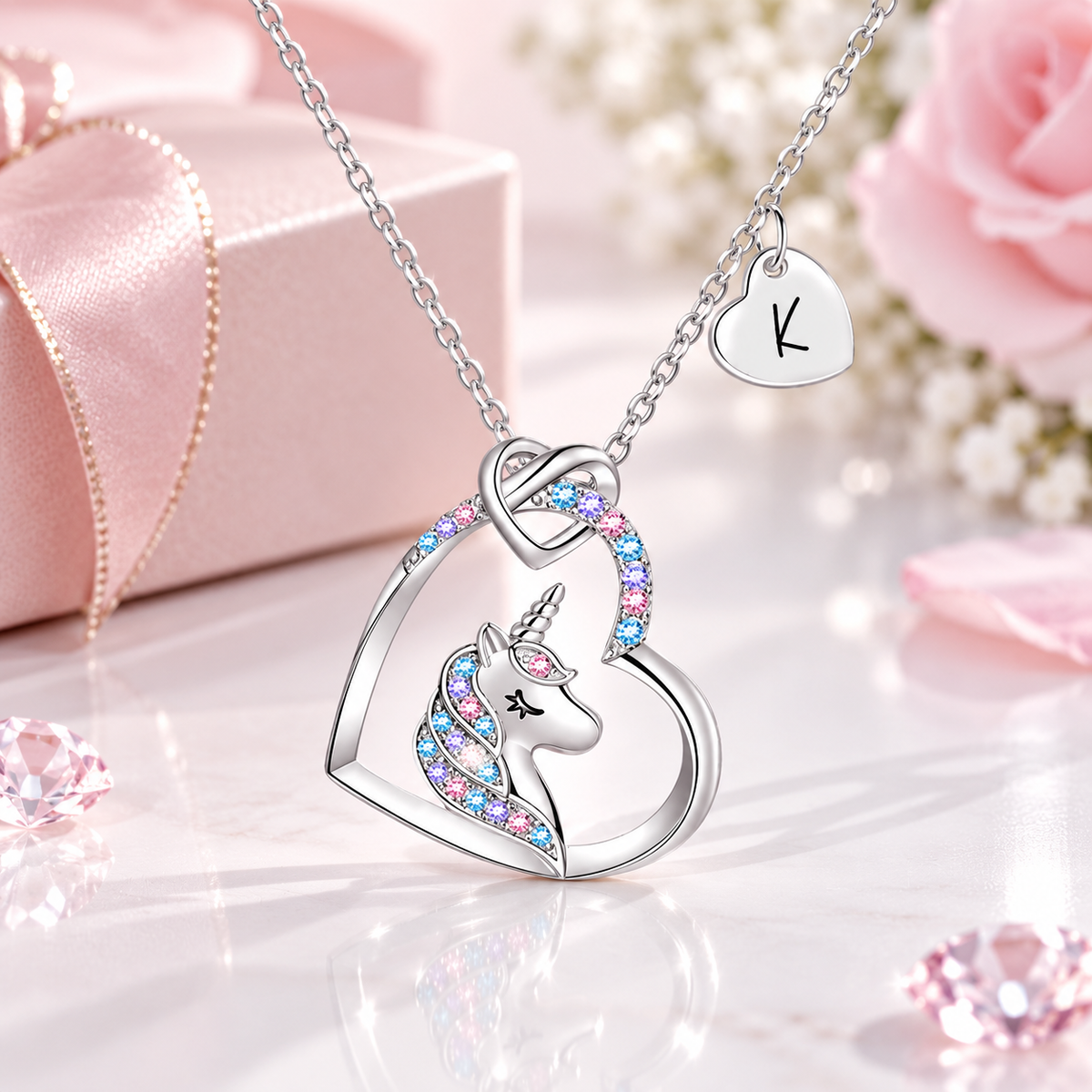 Silver unicorn heart necklace with colorful crystals and initial charm