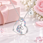 Silver unicorn heart necklace with colorful crystals and initial charm