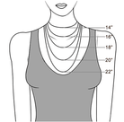 A diagram of a woman showing different necklace lengths: 14", 16", 18", 20", and 22", each indicated by a line showing where they fall on the chest.