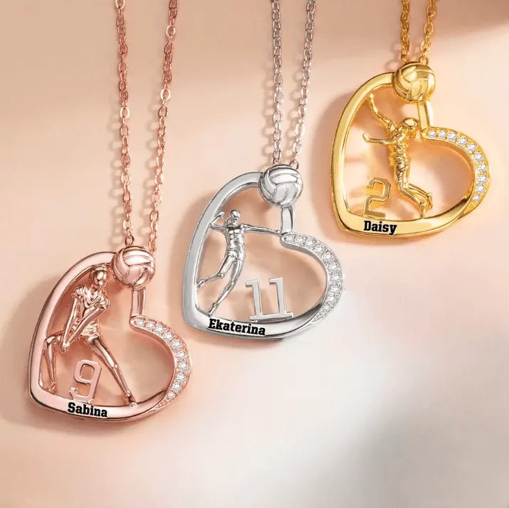 Personalized Volleyball Heart Necklace with Name & Number, Custom Sports Jewelry for Women, Volleyball Player Gift, Available in Silver, Gold, Rose Gold - Belbren