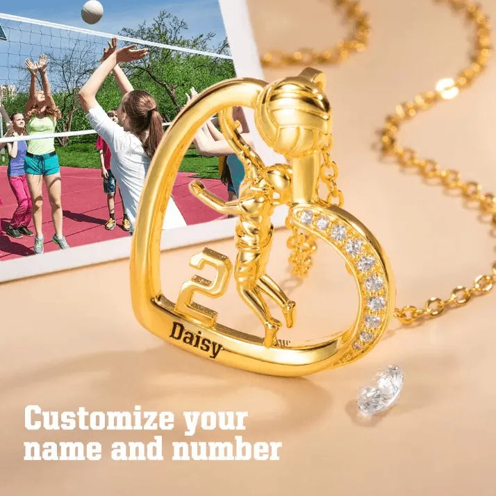 Personalized Volleyball Heart Necklace with Name & Number, Custom Sports Jewelry for Women, Volleyball Player Gift, Available in Silver, Gold, Rose Gold - Belbren
