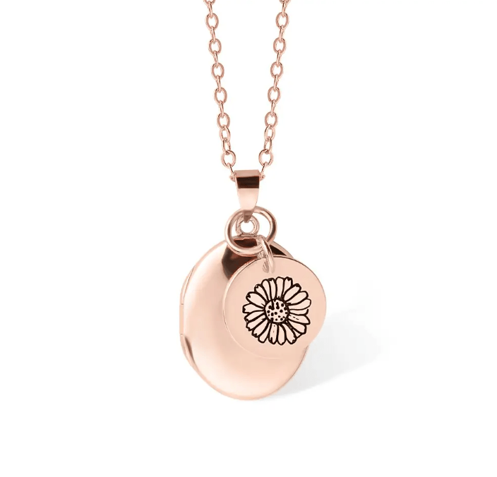 Rose Gold Personalized Birth Flower Necklace with Oval Photo Locket, featuring a detailed flower engraving, displayed on a white background.