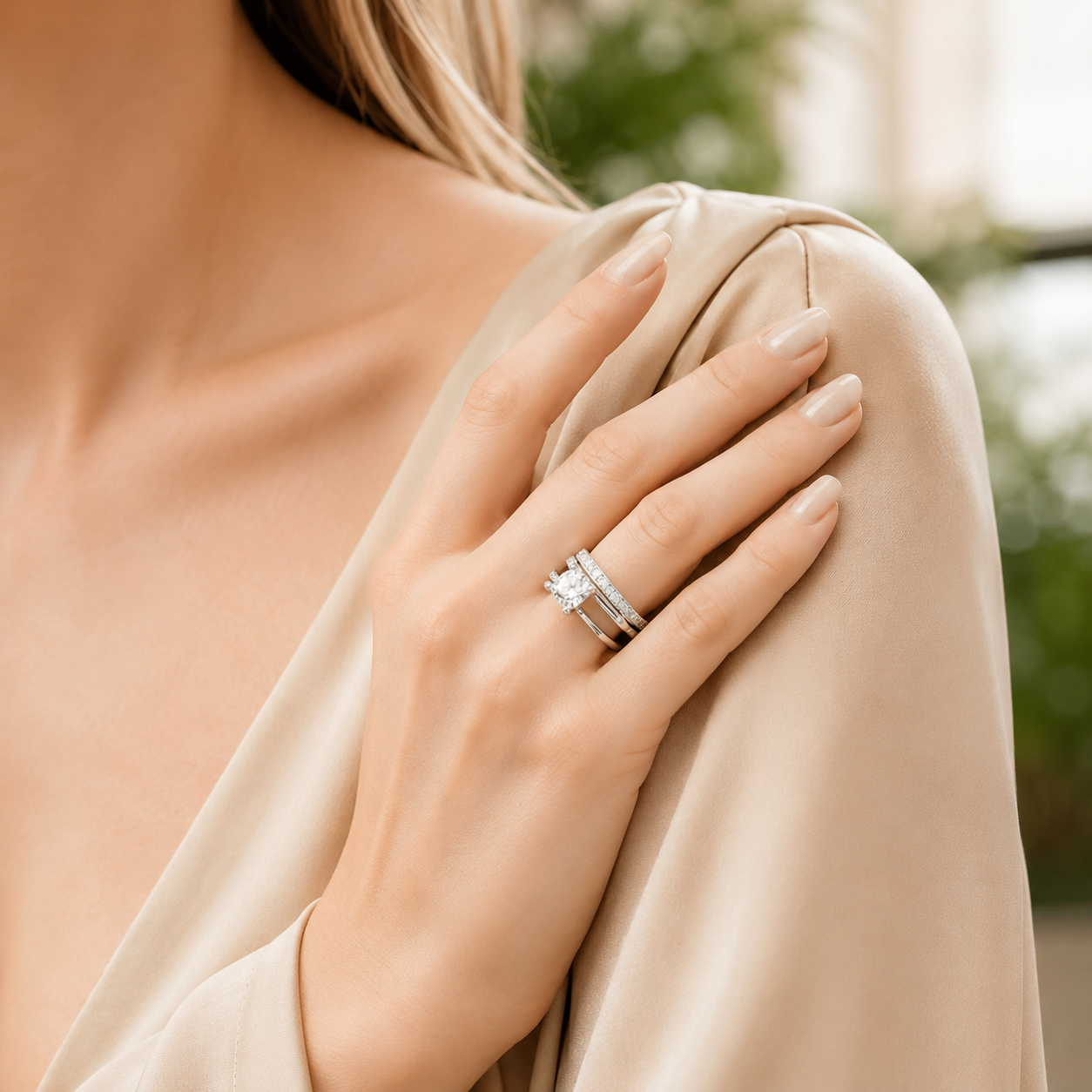 Stackable Triple-Band Diamond Ring Set with Birthstone in Silver 