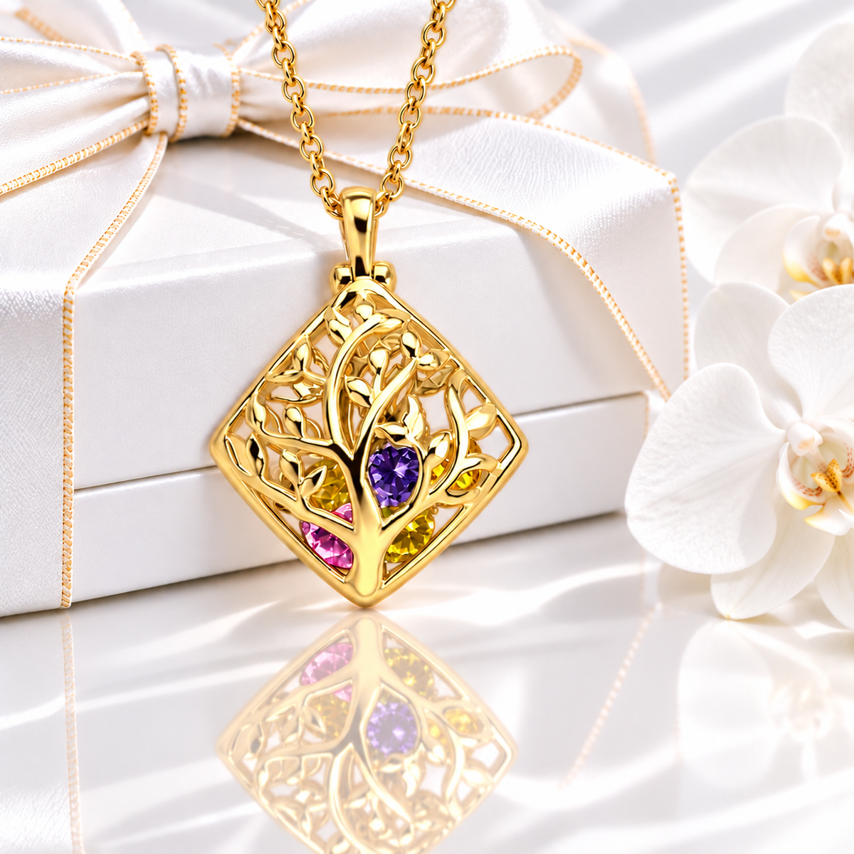 Gold rhombus family tree birthstone necklace with colorful stones