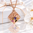 Rose gold rhombus family tree birthstone necklace with colorful stones