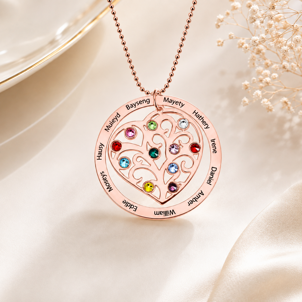 Rose gold personalized heart family tree necklace with engraved names and birthstones