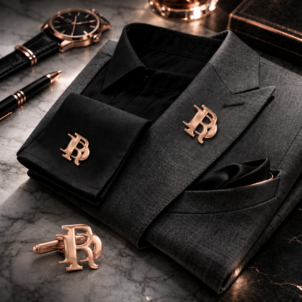 Rose-gold interlocking initials cufflinks and lapel pin set displayed with a dark grey suit