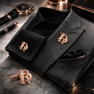 Rose-gold interlocking initials cufflinks and lapel pin set displayed with a dark grey suit