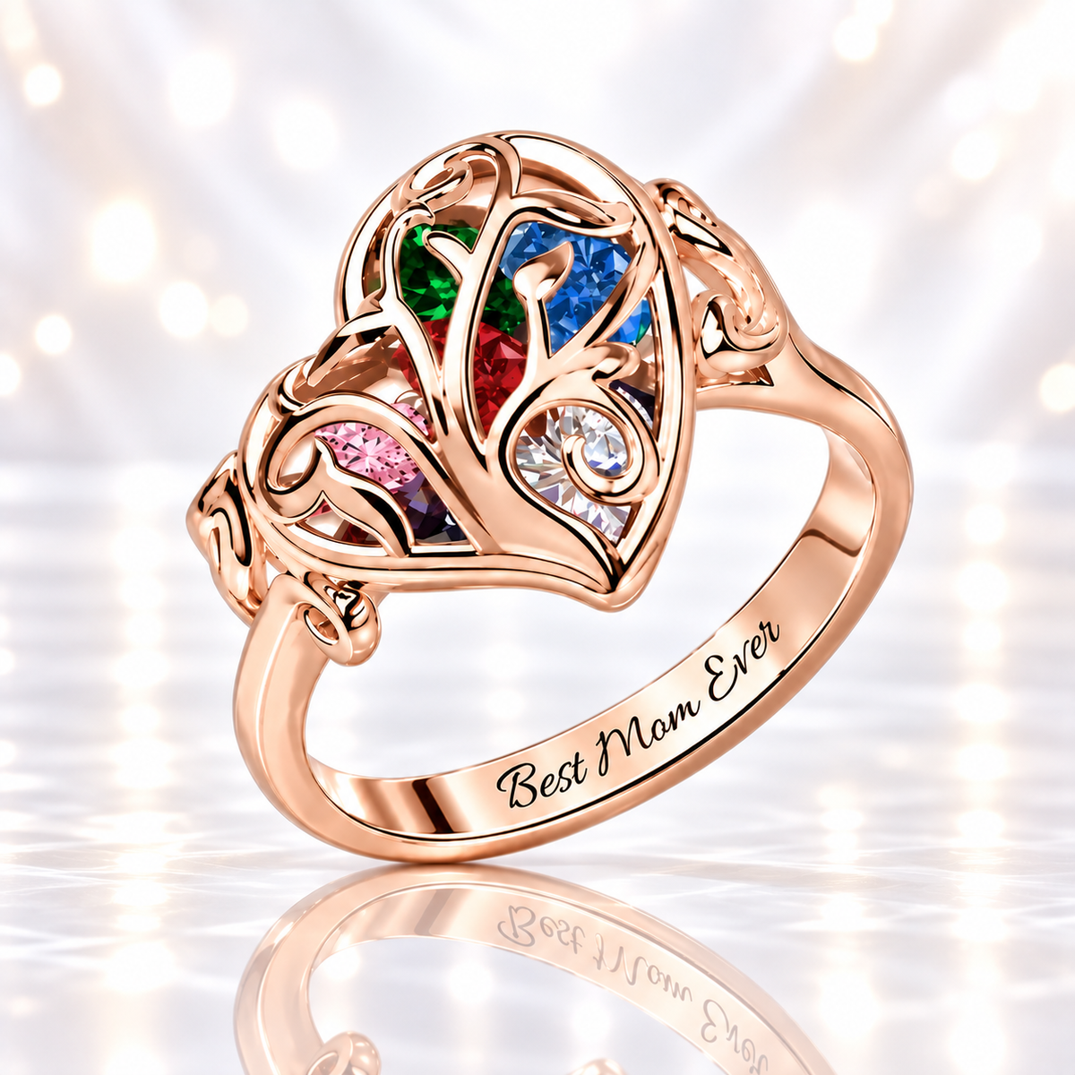 Rose gold personalized family tree birthstone ring