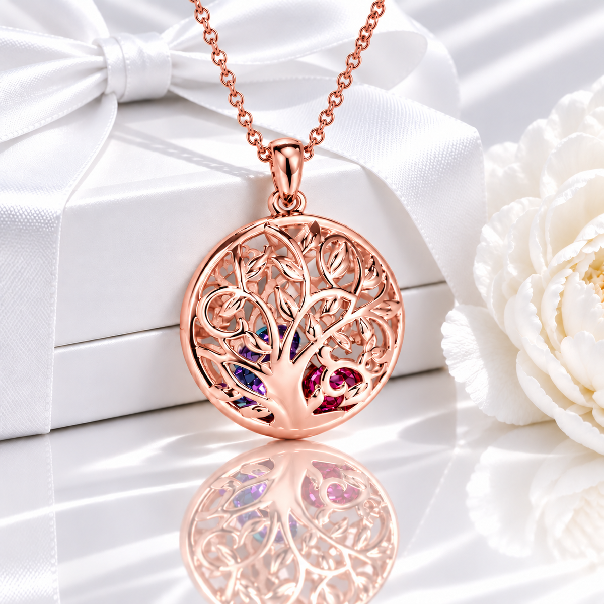 Rose gold round family tree birthstone necklace with birthstones