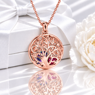 Rose gold round family tree birthstone necklace with birthstones