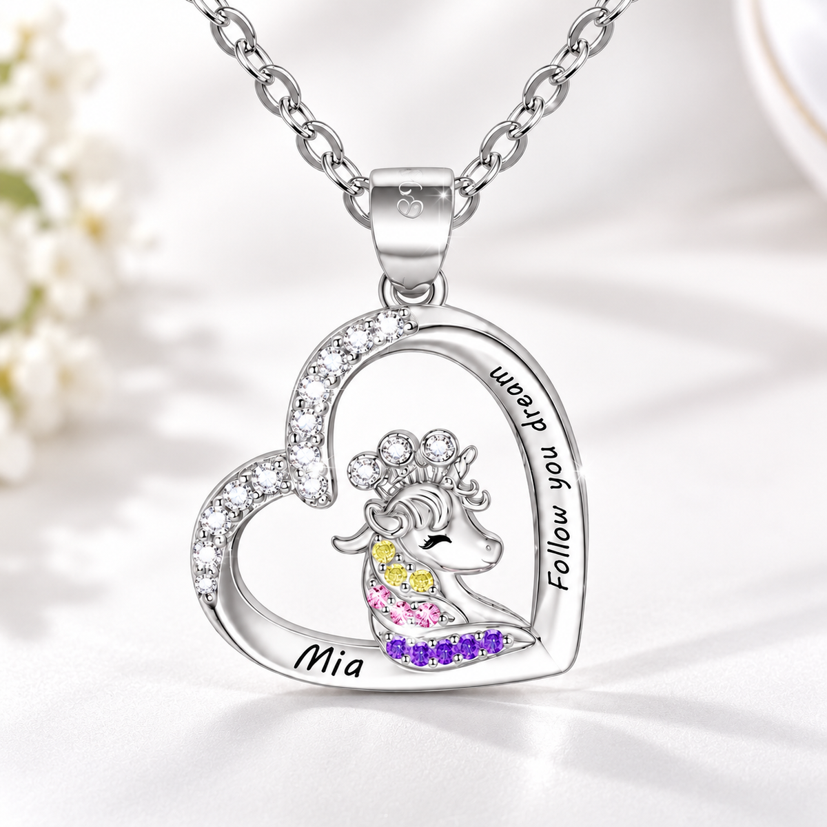 Personalized crowned unicorn necklace for girls with tilted heart pendant and custom name