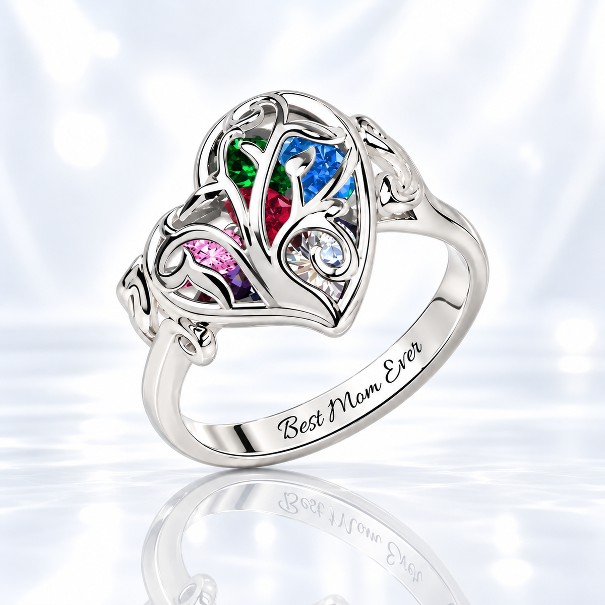 Silver personalized family tree ring with colorful heart birthstones