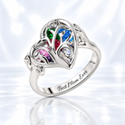 Silver personalized family tree ring with colorful heart birthstones
