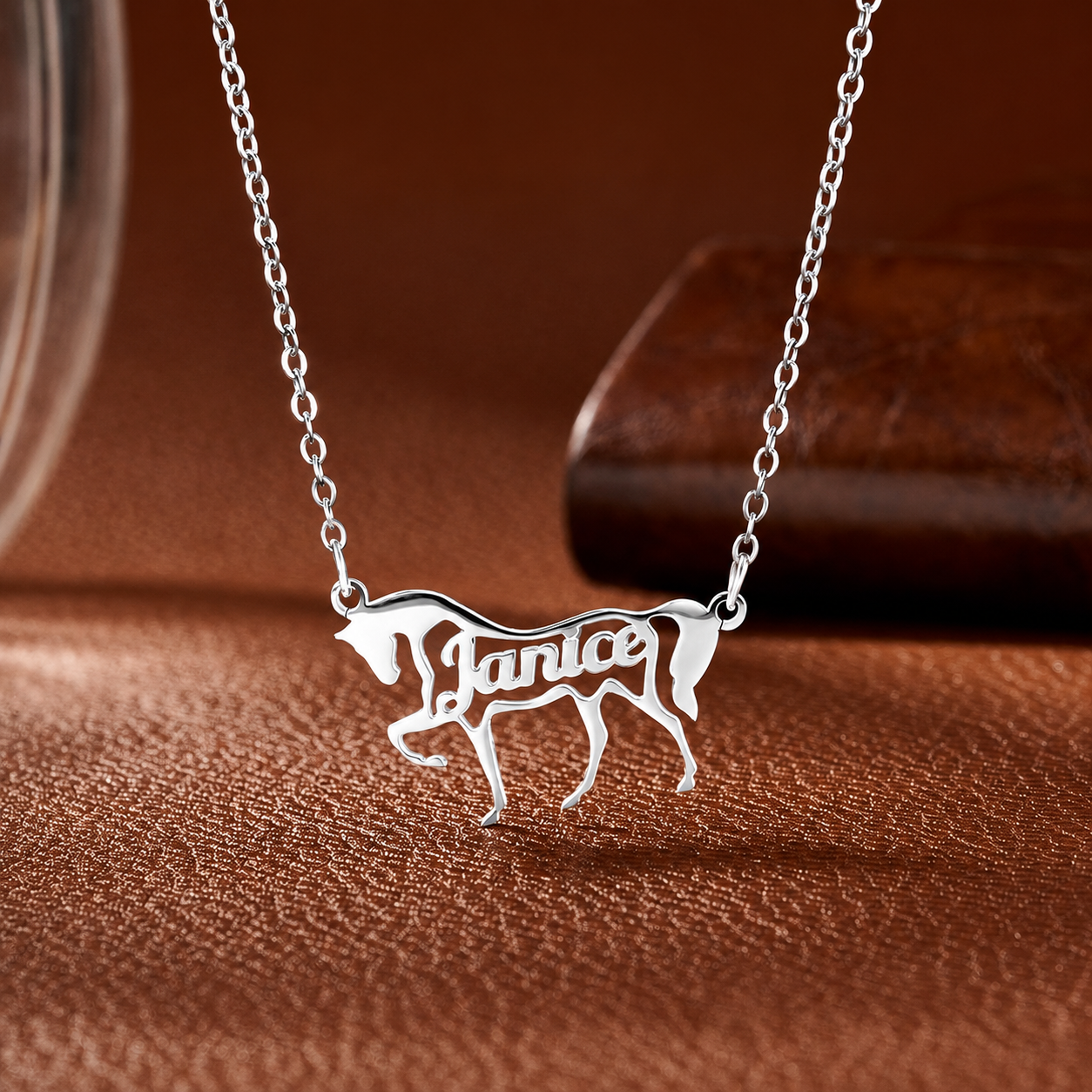 Silver personalized horse name necklace with running horse pendant