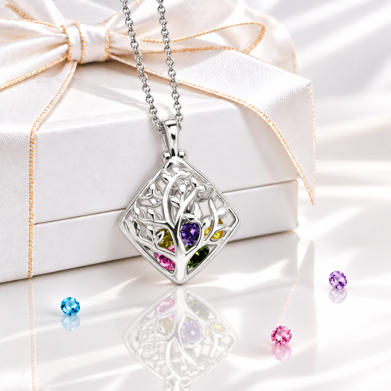 Sterling silver rhombus family tree necklace with colorful birthstones