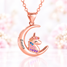 Rose gold unicorn moon pendant necklace with colorful crystals for kids and teens