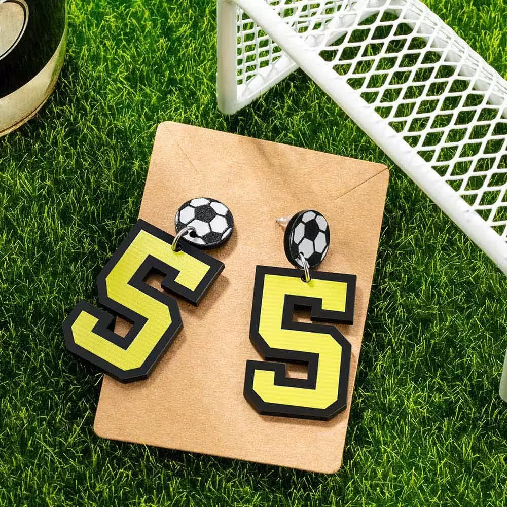 Personalized soccer player number 5 earrings in black and yellow