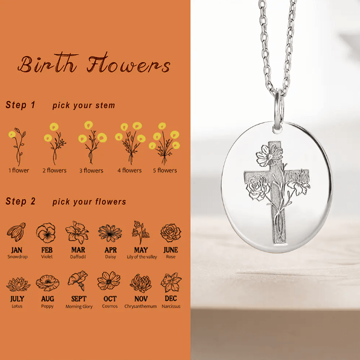 Sterling Silver Birth Flower Cross Necklace - Engraved Verse & Floral - Women's Gift - Belbren