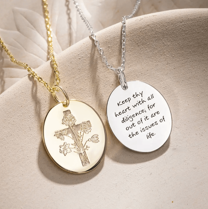 Sterling Silver Birth Flower Cross Necklace - Engraved Verse & Floral - Women's Gift - Belbren