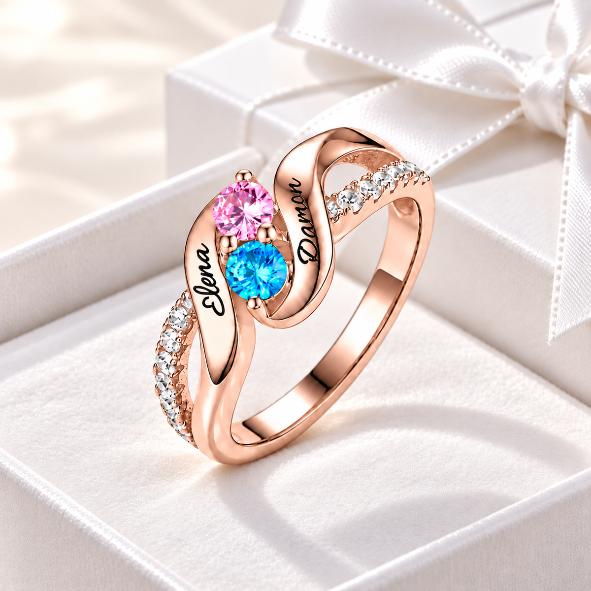 Rose gold personalized double birthstone ring with two engraved names