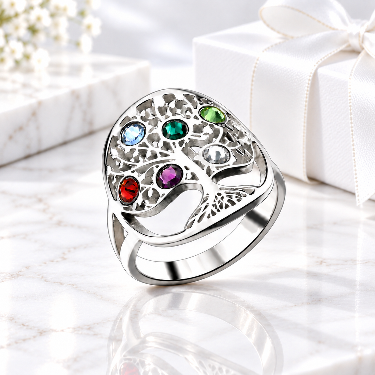 Silver personalized family tree birthstone ring with six colorful stones