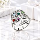Silver personalized family tree birthstone ring with six colorful stones