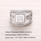 A square-shaped, monogrammed sterling silver stackable ring with "AFM" initials, framed by cubic zirconias, and dimensions of band width and square size provided.