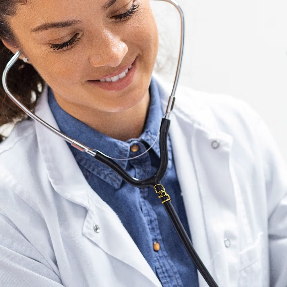 Healthcare professional wearing a personalized birthstone stethoscope name tag