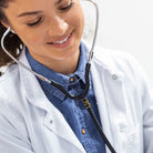 Healthcare professional wearing a personalized birthstone stethoscope name tag