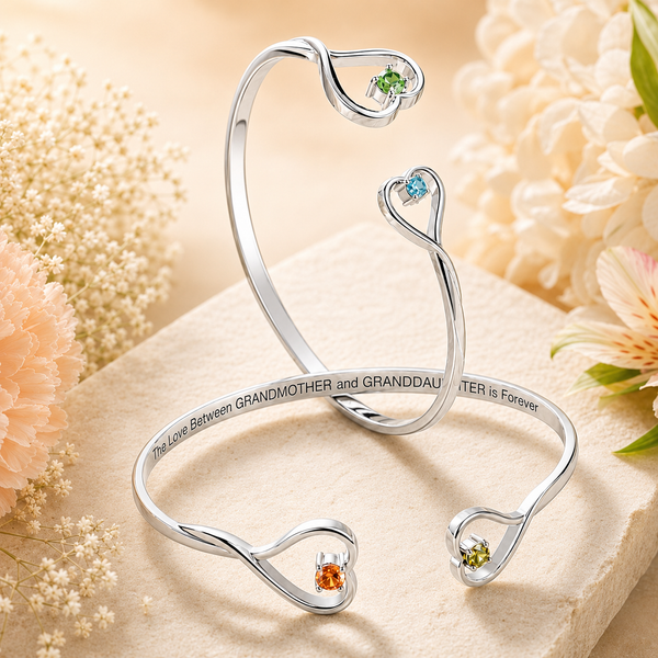 Custom Grandma Granddaughter Birthstone Bracelet – Double Heart Bangle