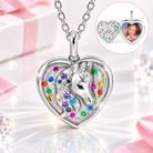 Heart-shaped unicorn photo locket necklace with sparkling sequin design