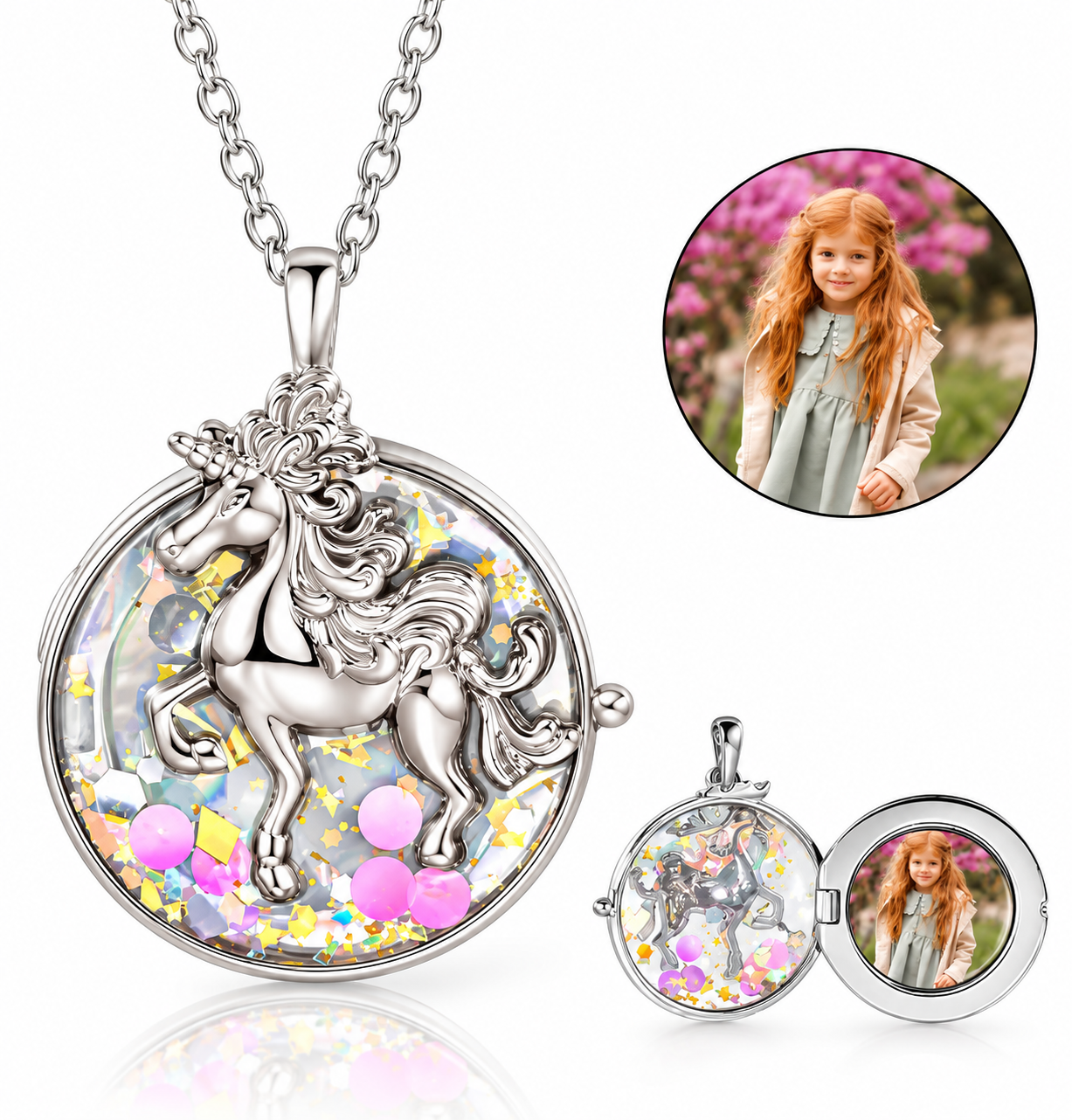 Silver personalized unicorn photo locket shown open with custom picture