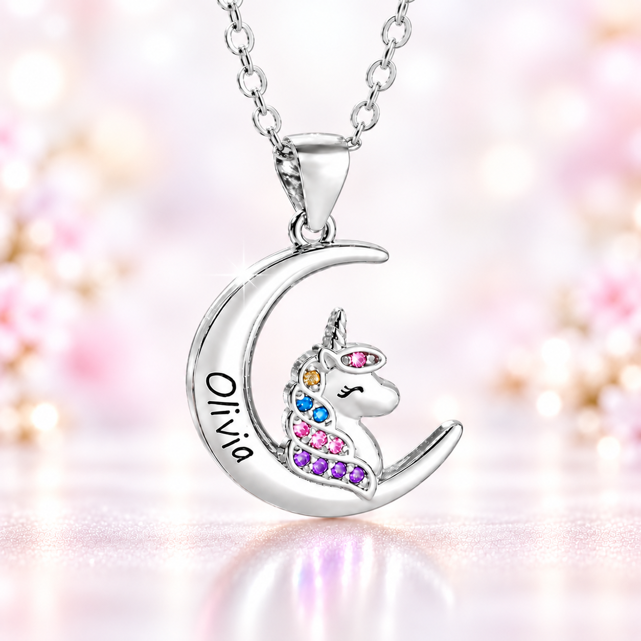 Personalized unicorn necklace for girls with sparkling cubic zirconia moon pendant and initial charm
